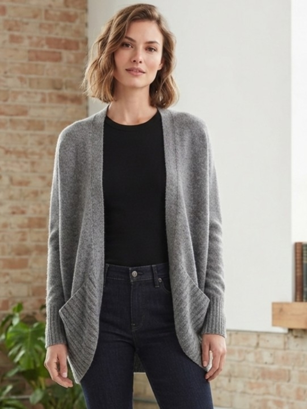Open-Front Gray Women's Angora Cashmere Blend Cardigan  Size Med